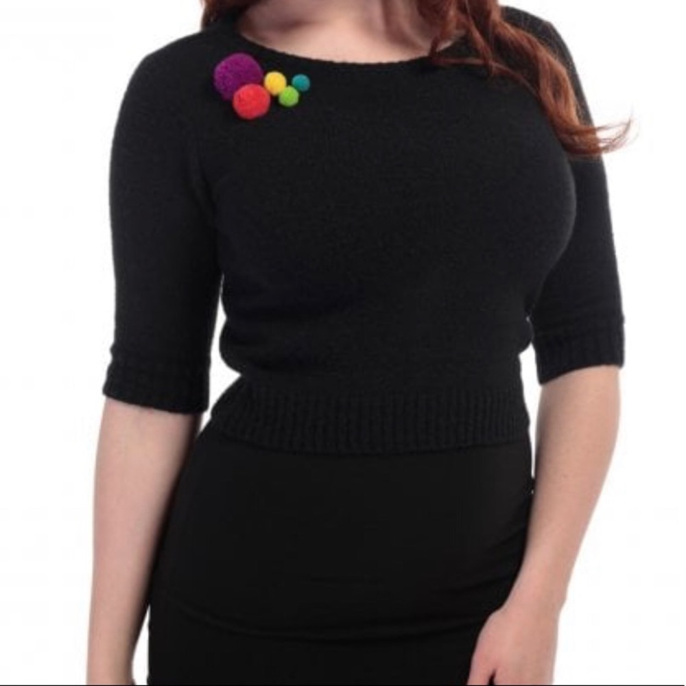 Collectif Black Short-Sleeve Pom Pom Sweater